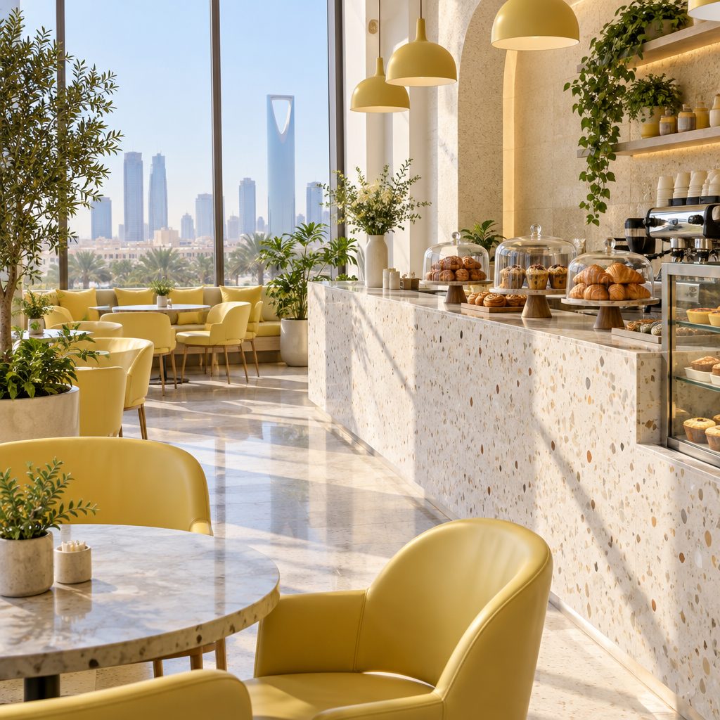 A sunny café room with yellow armchairs, a pastry counter and the Riyadh skyline through the windows