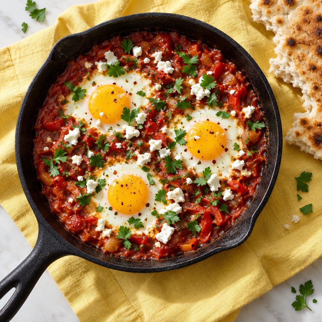 A pan of shakshuka from above, eggs set in tomato and herbs, with bread on the side