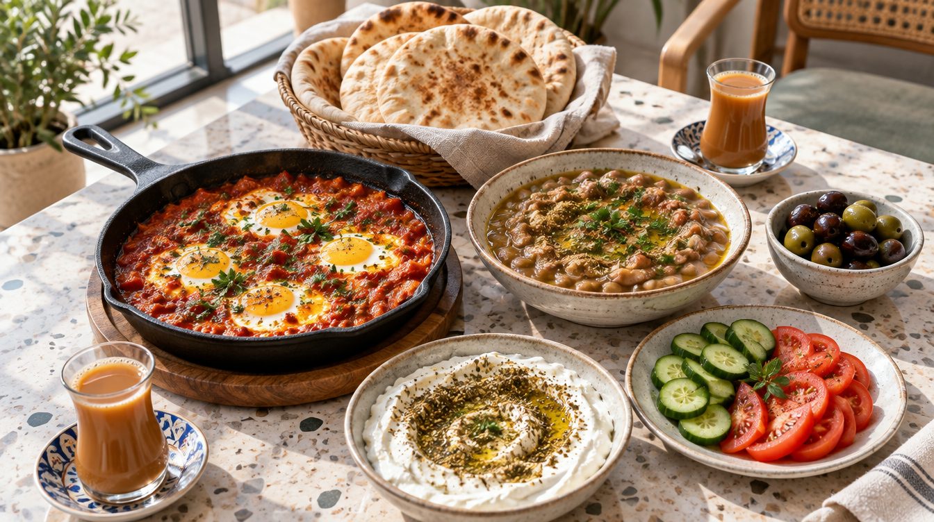 A breakfast table in morning light: shakshuka, foul, labneh with za’atar, olives and salad, a basket of bread and glasses of karak